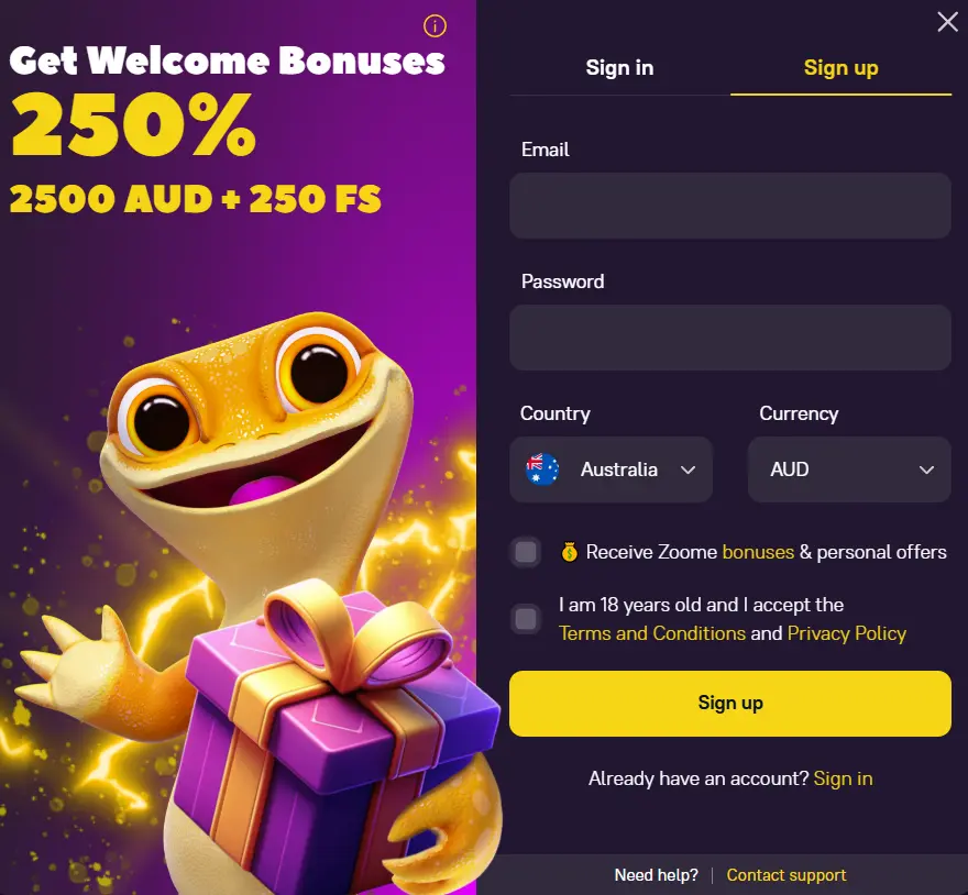 zoome casino sign up